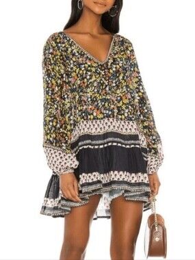 Free People Gardenia Tunic Mixed Printed Metallic Trim Boho Swing Mini Dress